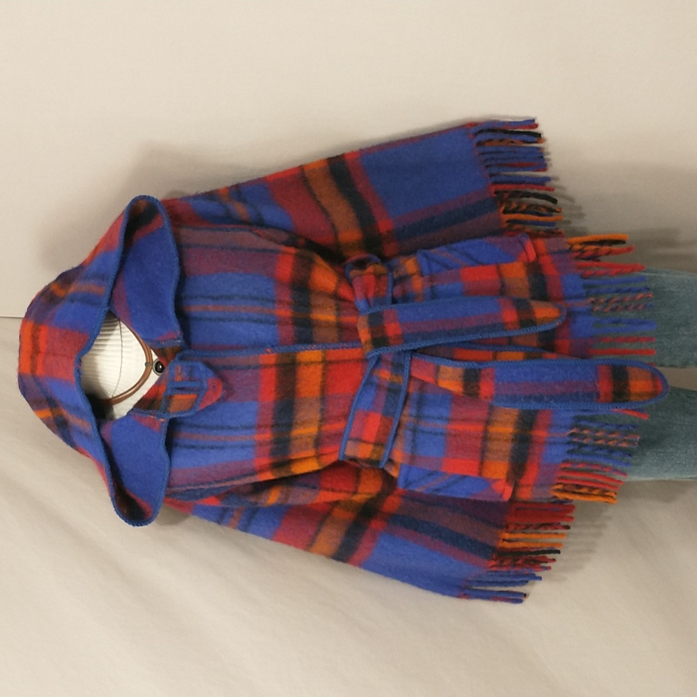 Vintage Bright Wool Wrap Jacket Plaid Blanket Coat Hooded Pockets Fringe Edge
